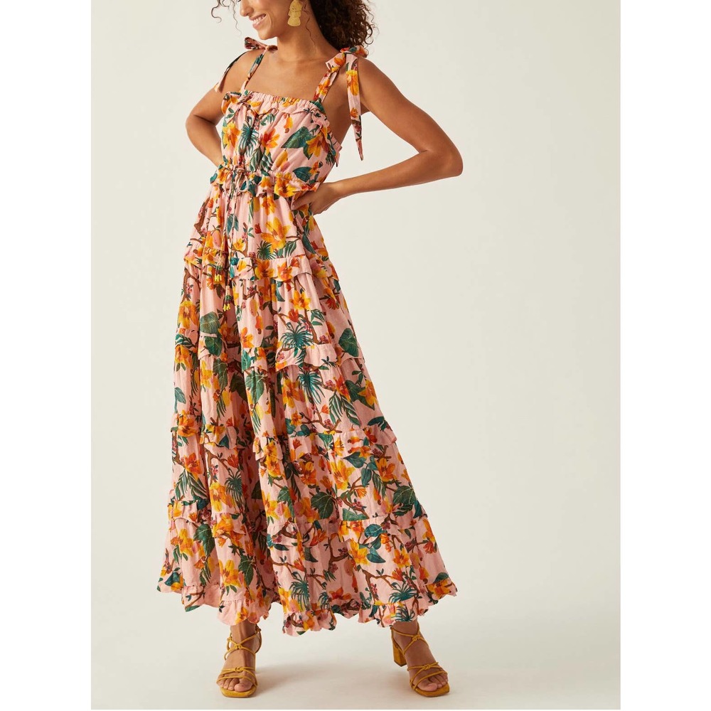 Anthropologie Farm Rio Square Neck Tiered Maxi Dress Size Small Tropical Pink